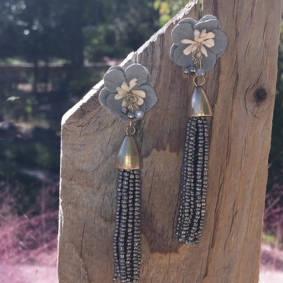 Fabric Flower Post Beaded Tassel Post Earrings - Picture 7 of 8